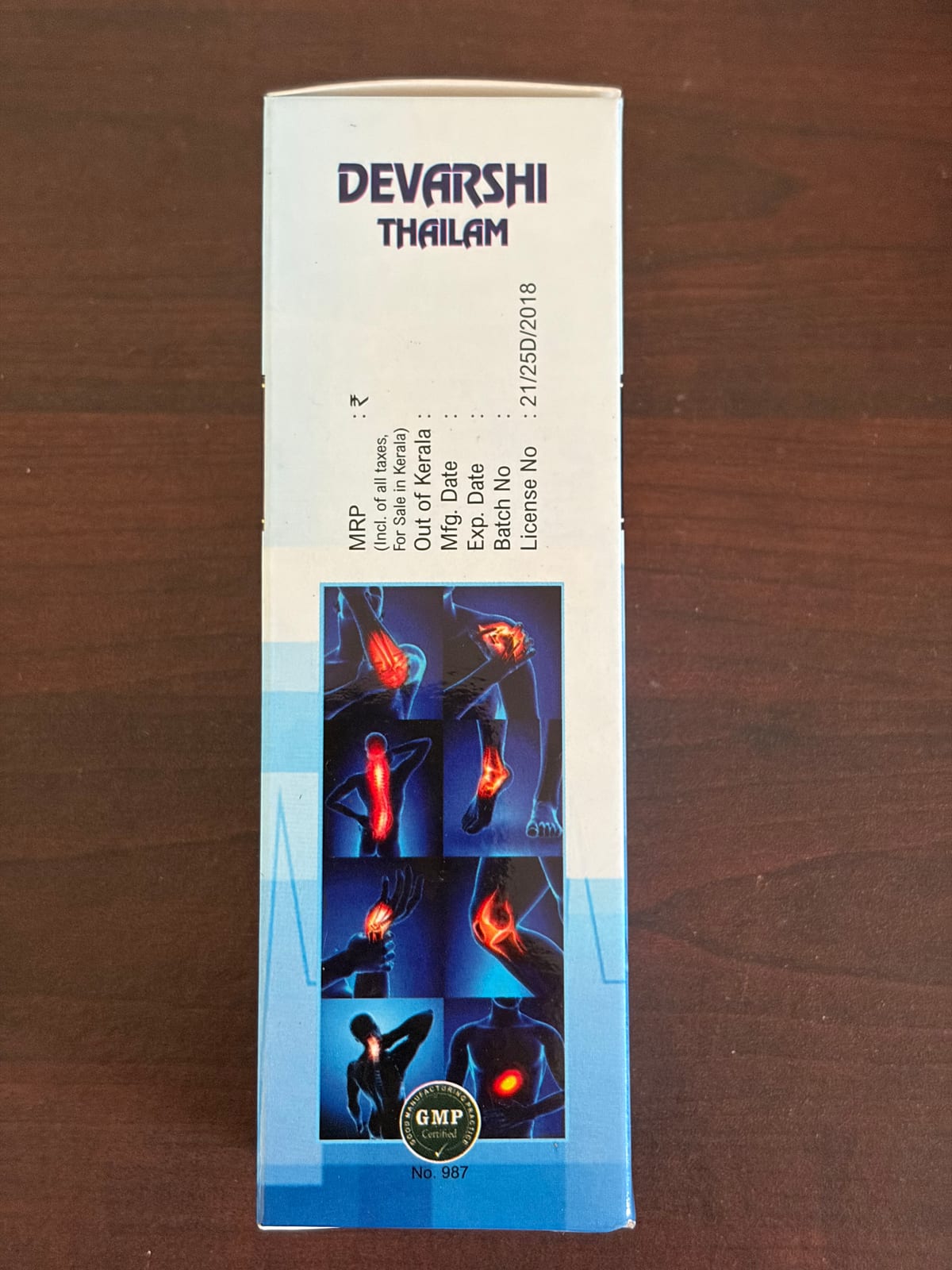Devarshi Thailam, side of the carton